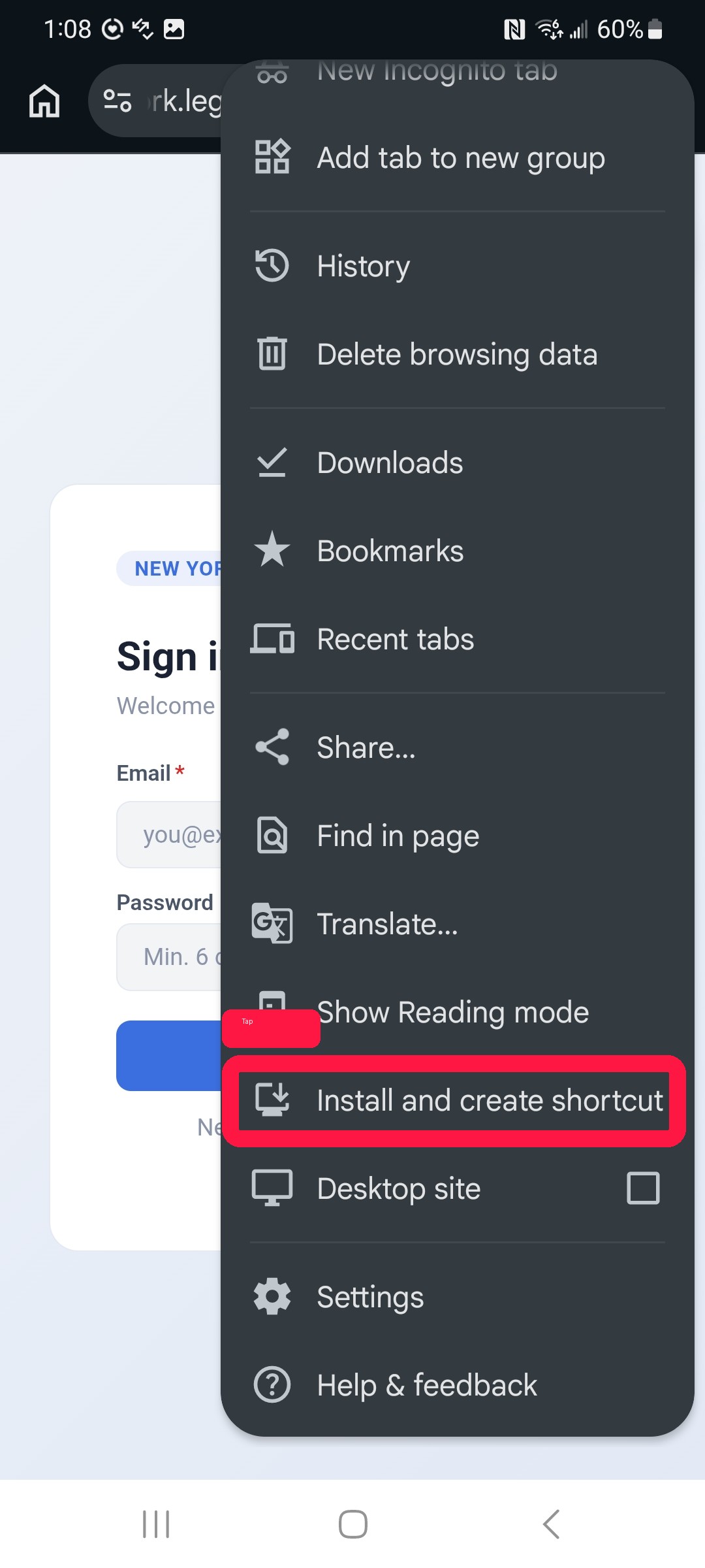 Chrome menu with Install and create shortcut highlighted