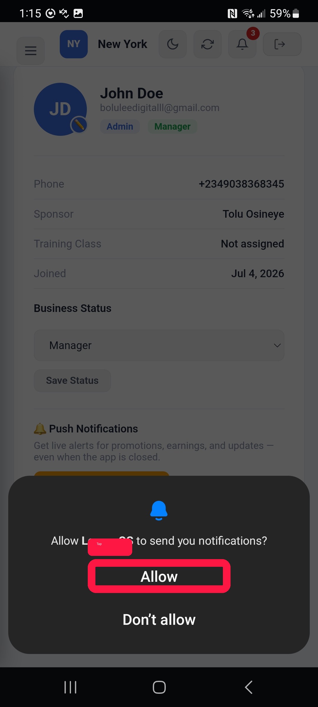 Allow notifications prompt