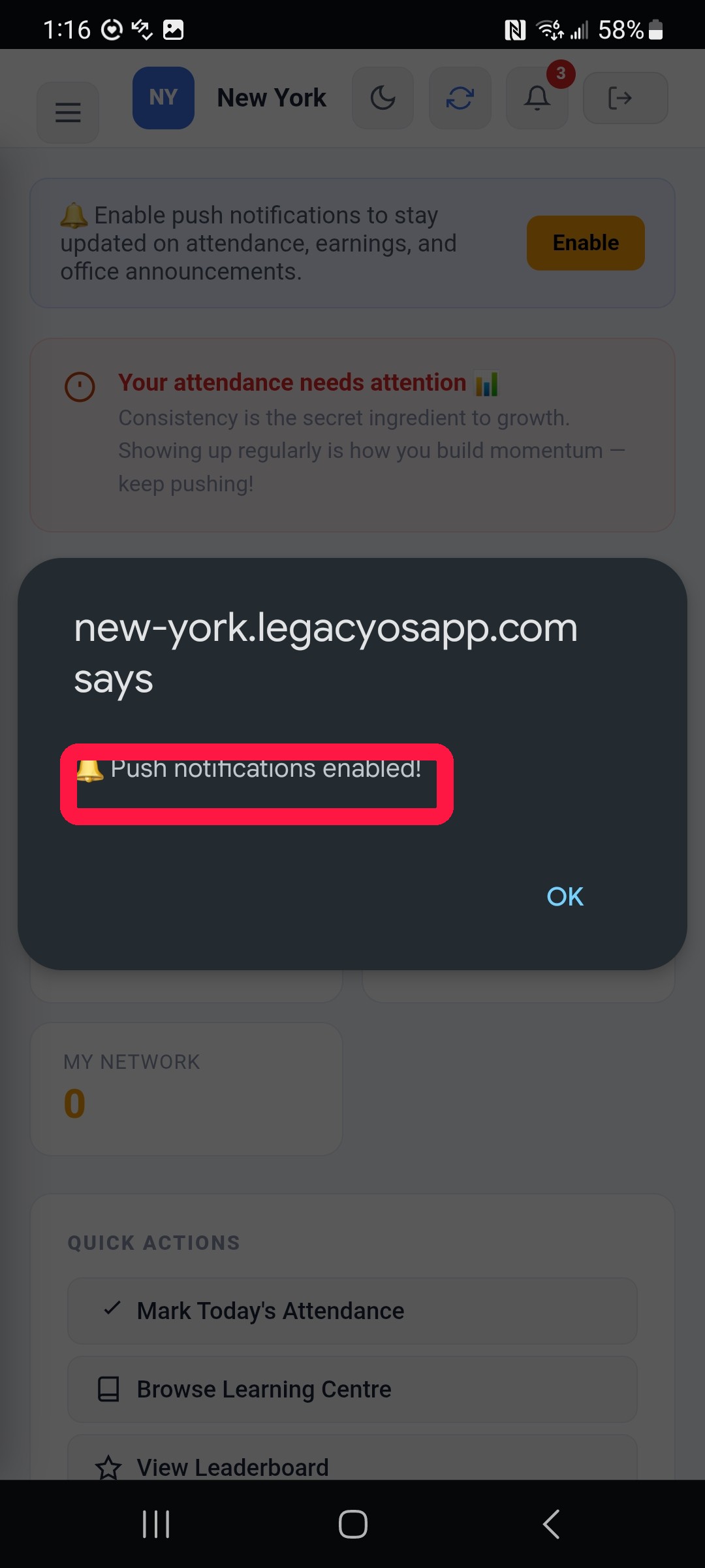 Push notifications enabled confirmation