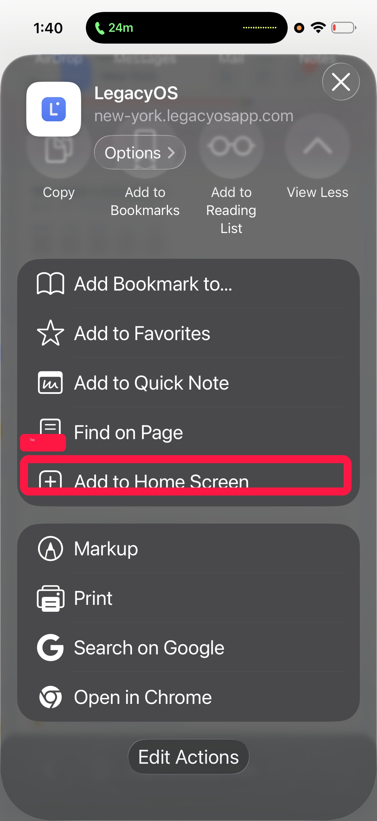 Safari share sheet with Add to Home Screen highlighted