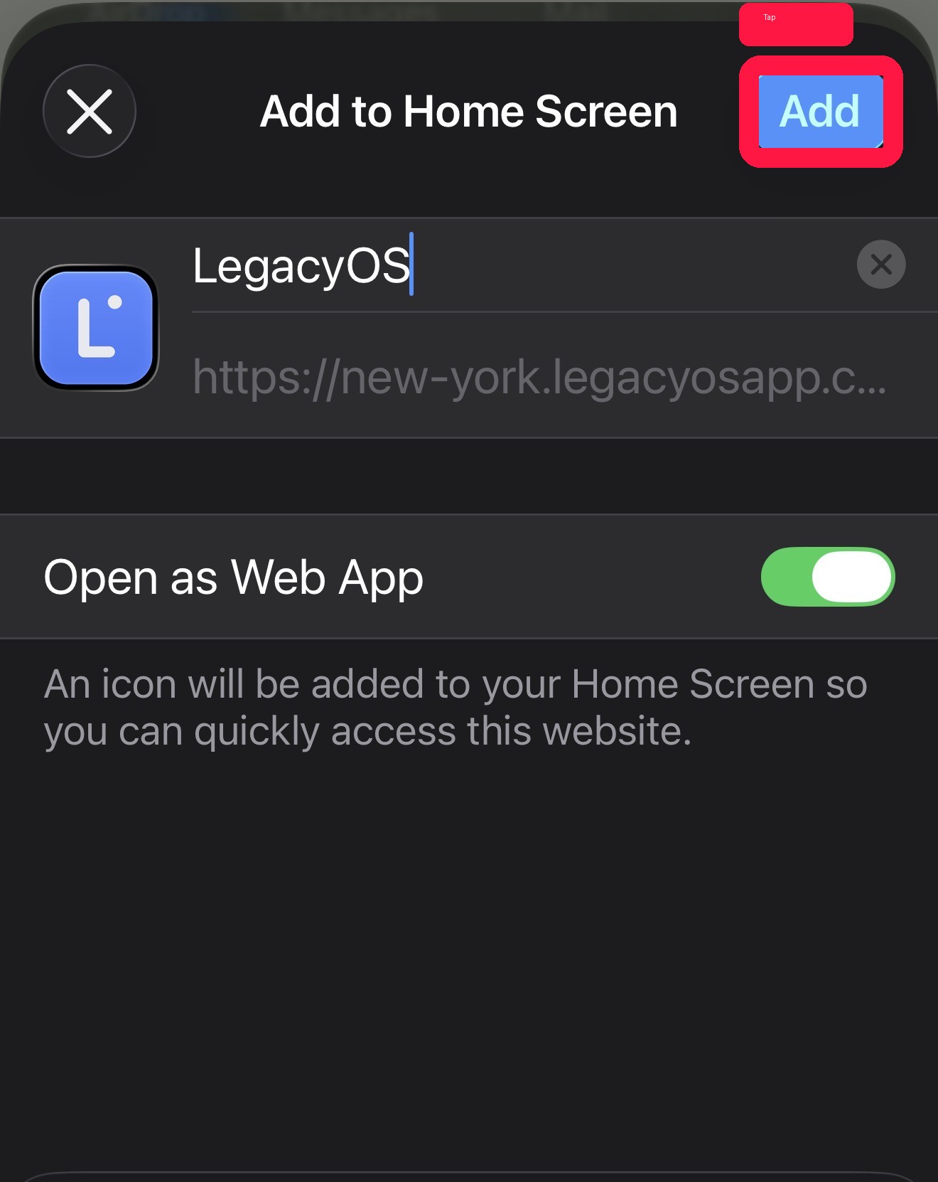 Add to Home Screen confirmation with Add button