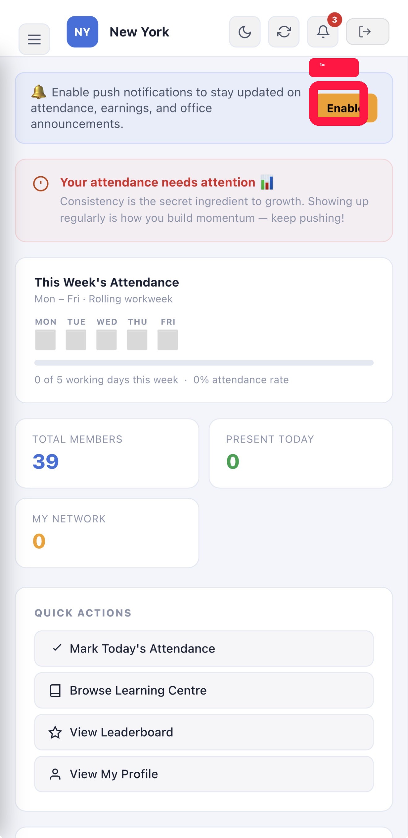 Dashboard banner with Enable button highlighted