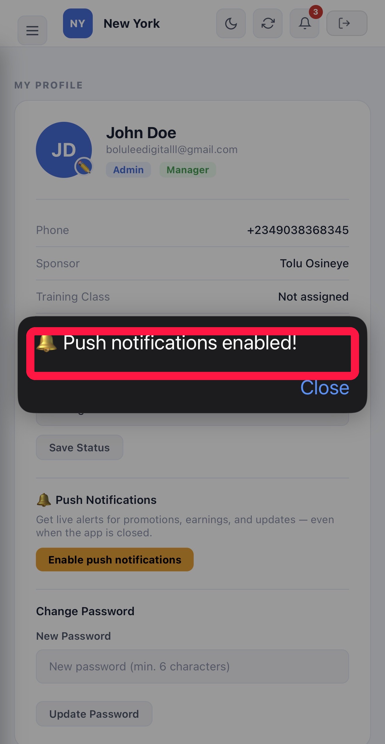 Push notifications enabled confirmation